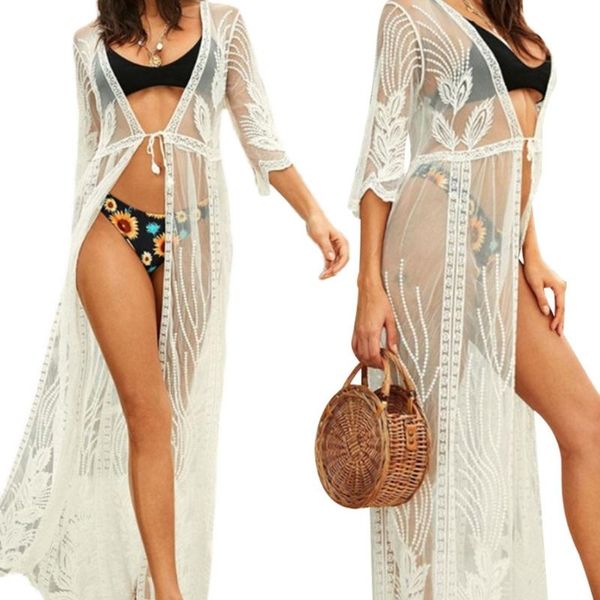 

women's swimwear 57ed women sheer lace 3/4 sleeve beach long kimono cardigan feather embroidery open front tie waist swimsuit cover up, White;black