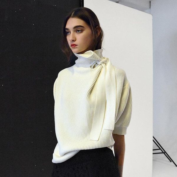 

women's sweaters [deat] 2021 autumn fashion high-quality clothing sleeve slim slimming five-point puff bottoming shirt wi303, White;black