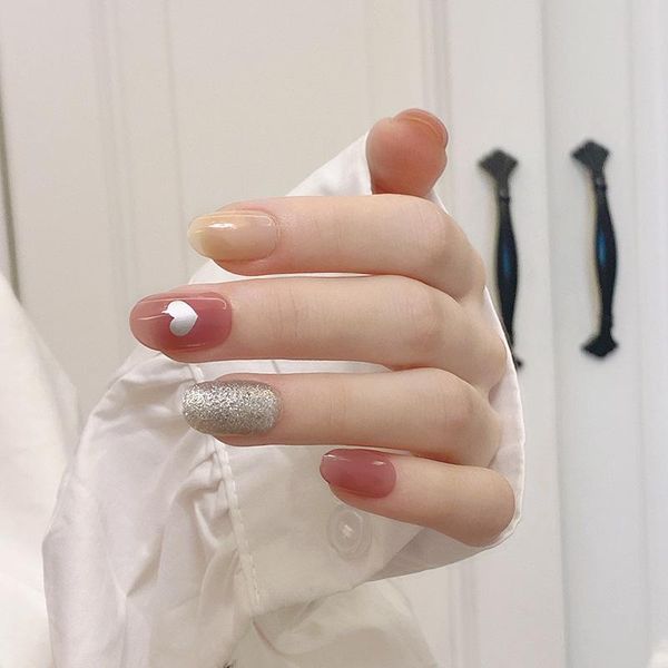 

false nails fake press on short round head bean paste powder love nail stickers finished art 24pcs cute with glue, Red;gold