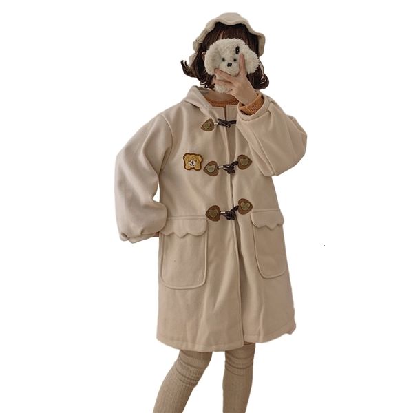 

women's trench coats winter cute bear wool blend women jacket japan horn button thick warm long coat teen soft girls cotton padded, Tan;black