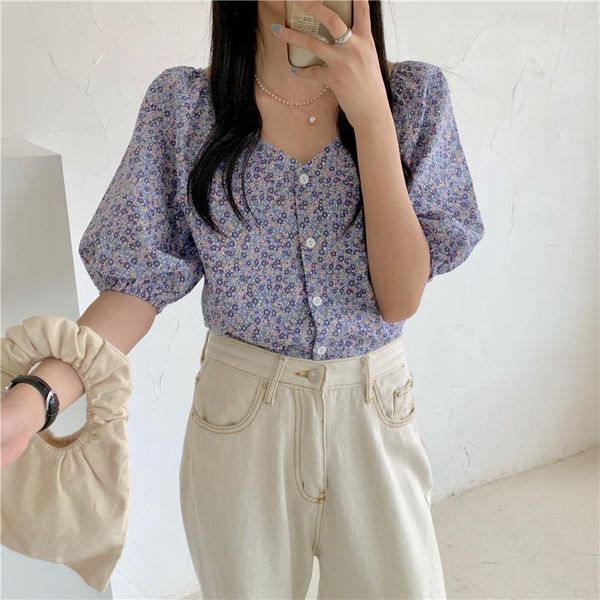 

puff sleeve elegant vintage floral blouses 2021 new summer korean style v neck shirt women puff sleeve blouse femme blusas, White