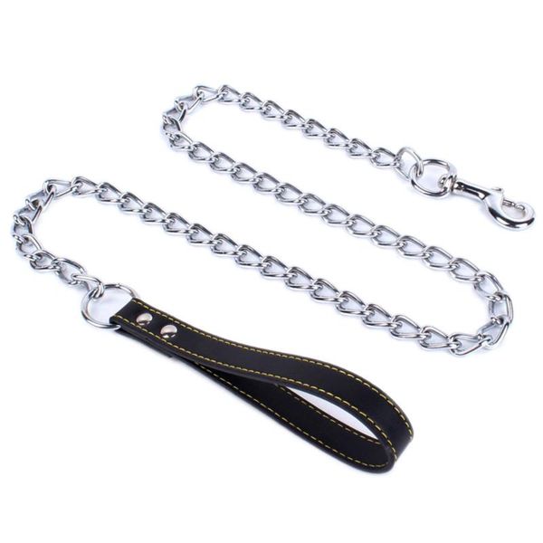 

dog collars & leashes leash heavy and duty chrome plated iron large chain with soft pu leather handle anti-bite metal leads