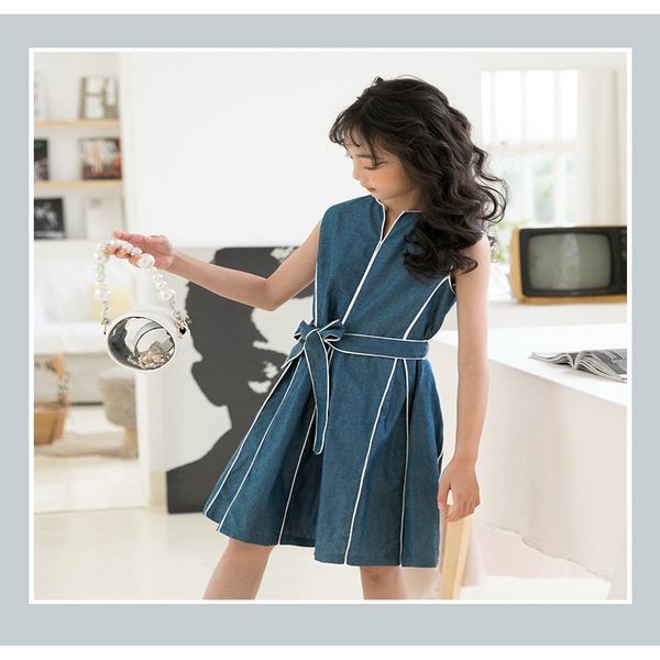

wholesale 2021 new summer teenagers girl dress denim vest sleevesless dress with sashes kids fashion clothes e1914, Red;yellow