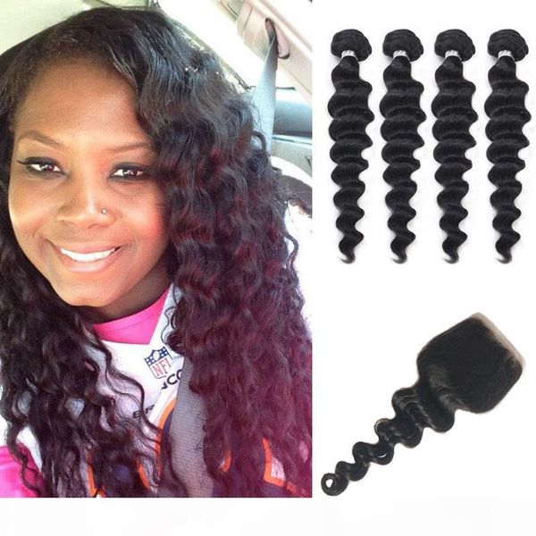 

peruvian mongolian indian malaysian brazilian virgin hair 3 or 4 bundles with closure loose deep weave with closure loose wave human hair, Black