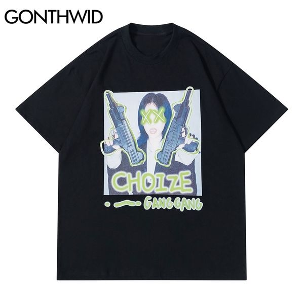 

tees shirts hip hop funny graffiti gun girl print tshirts streetwear men harajuku casual cotton short sleeve 210602, White;black