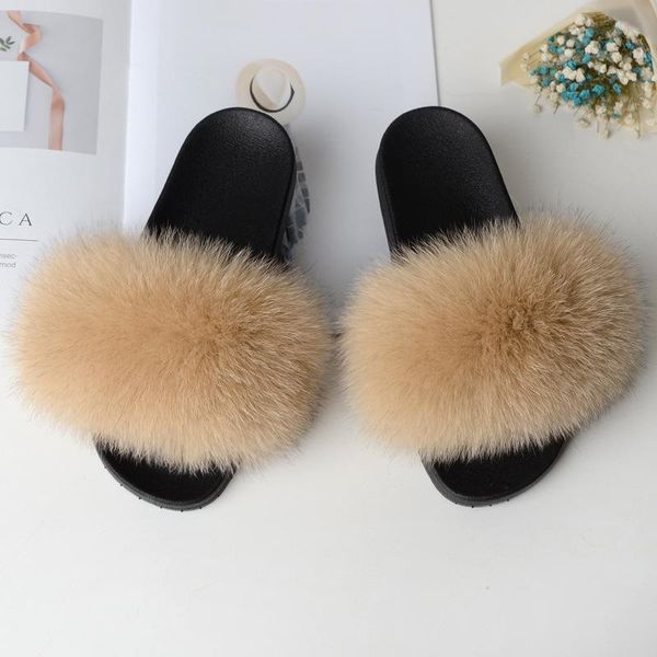 

fur slippers women real slides home furry flat sandals female cute fluffy house shoes woman luxury wst, Black