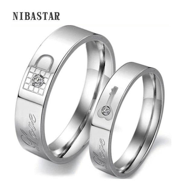 

cluster rings lovers couple lock & key charms 316l stainless steel cz stone wedding jewelry drop, Golden;silver