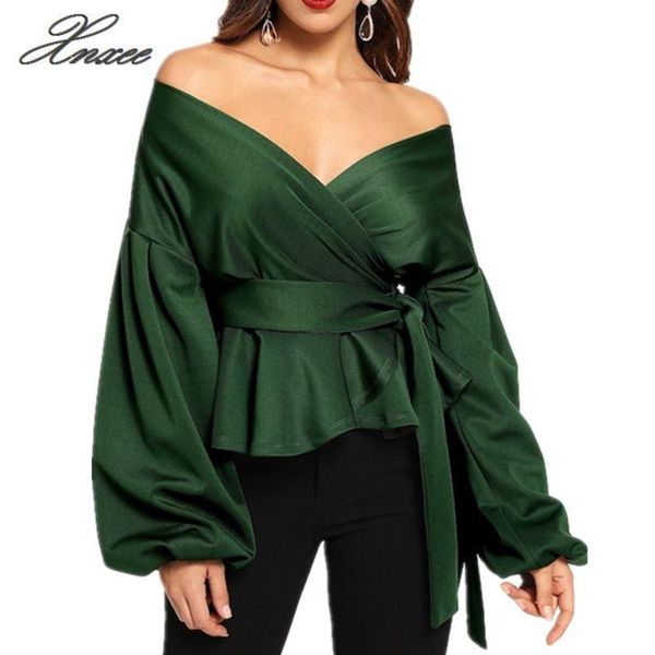 

women's blouses & shirts xnxee casual white blouse woman shirt open shoulder with belt lantern sleeve v neck fashion clothes 2021 offic