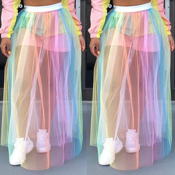 

skirts women mesh rainbow sheer high waist maxi dress long skirt beach, Black