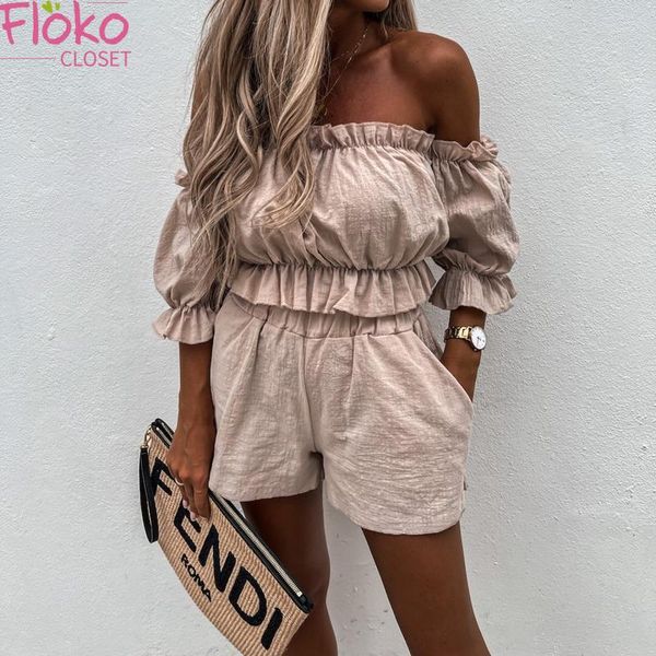 

women's tracksuits flokocloset women casual two piece suit off the shoulder and short sleeve pants solid color playsuits, Gray