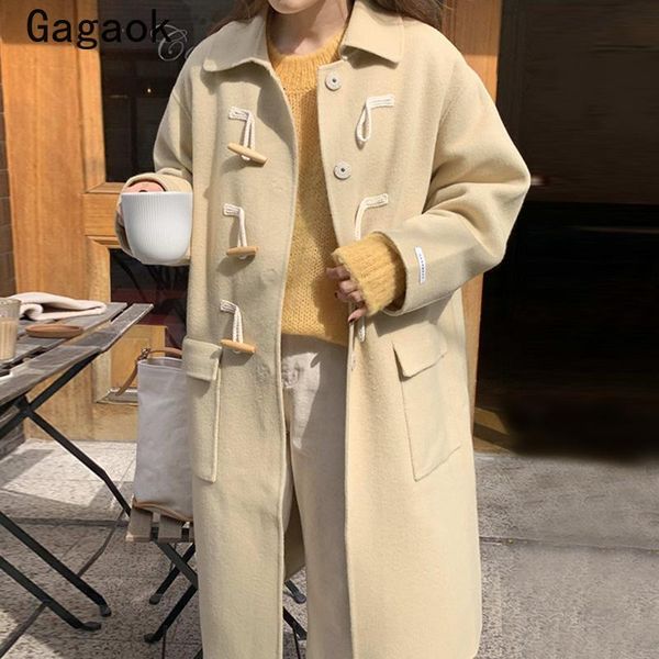

women's wool & blends gagaok preppy style women 2021 autumn winter patchwork button full long loose blend korean vintage fashion coats, Black