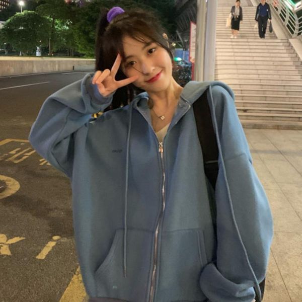 

women's hoodies & sweatshirts women korean style vintage solid color long sleeve oversized hooded sweatshirt lady casual large coats 04, Black