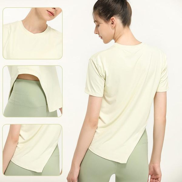 

yoga outfit high elastic asymmetry hem sports crop women's loose fitness running cover tee t shirt short sleeve for women gym