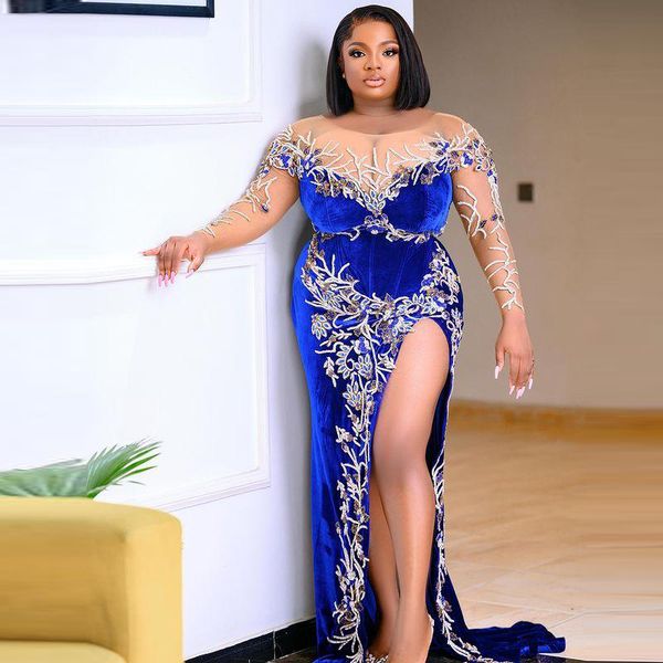 

royal blue aso ebi velour evening dresses long sleeves sheer neck beads appliques high split prom gowns plus size party dress, Black;red