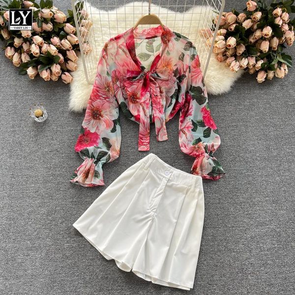 

women's tracksuits ly varey lin summer women casual suits puff sleeve print chiffon shirts + high waist wide leg shorts fashion two pie, Gray