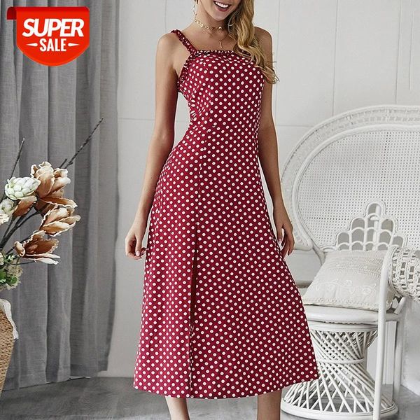 

2020 summer dress women vogue polka dot off shoulder side split sling midi dress a line vintage dresses elegant vestidos #pl7b, White;black