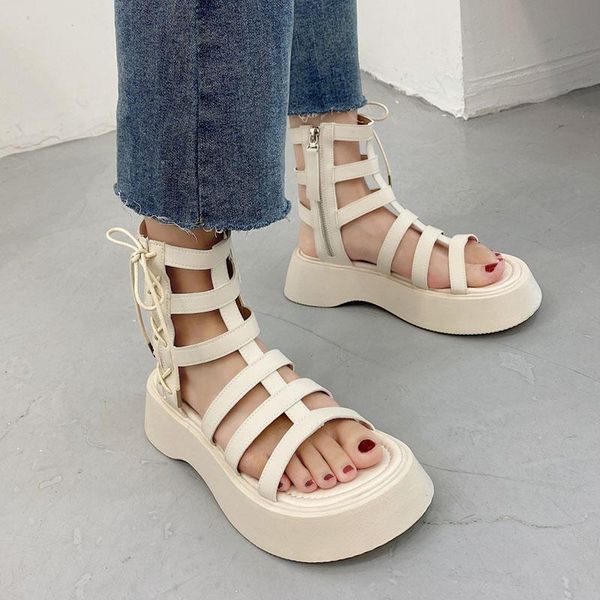 

sandals lucyever summer cross strap rome women open toe ankle thick platform woman fashion black beige zip casual shoes