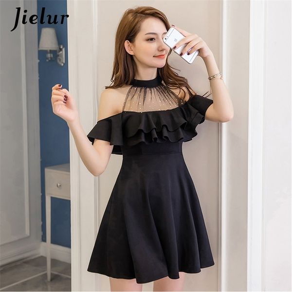 

jielur elegant lace off shoulder women dress summer korean hipster black white party slim ruffles a line dress vestidos 210303, Black;gray