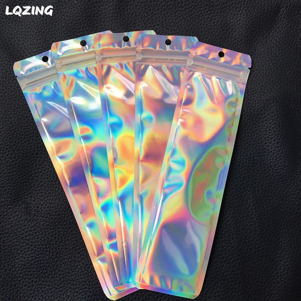 

100pcs holographic storage flat zip lock bags laser mylar foil pouch one side clear reusable cosmetic package bag with hang hole, Blue;pink