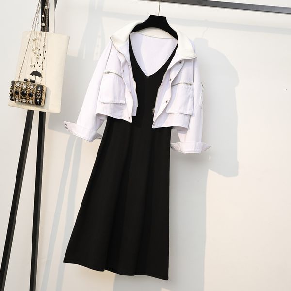

2021 spring denim plus size woman dressed in two pieces black suit white jacket and sundress matching streetwear clothes le2b, Black;gray