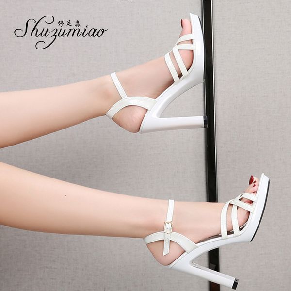 

2021 women's summer new front strap solid sandals square jump high heels 11cm polo dancing shoes rnmu, Black