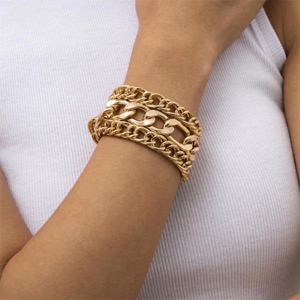 

link, chain three-piece suit women bracelets retro exaggerated geometric thick hip-hop personality hollow bracelet jewelry gift, Black