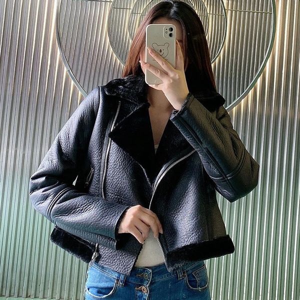 

women's leather & faux winter women streetwear lamb short jackets warm thick lambs wool fur collar suede coat outwear, Black