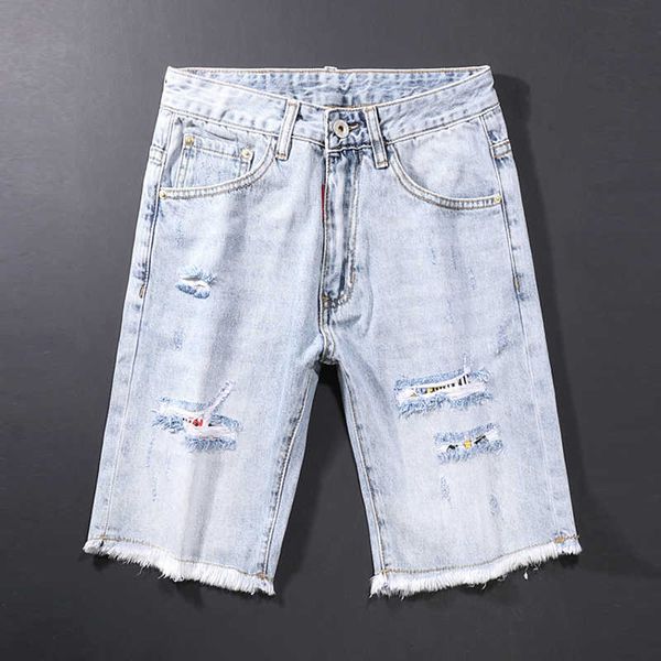 Verão Ly Moda Men Jeans Retro Luz Azul Destruído Rasgado Denim Shorts Streetwear Patchwork Designer Short 3Wx2