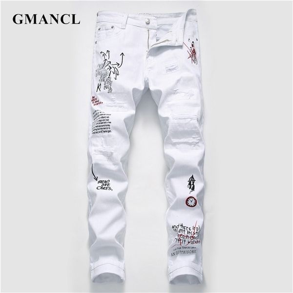 Männer Streetwear Persönlichkeit Zerrissene gedruckte weiße Röhrenjeans Hip Hop Punk Lässige Motorrad Stretch Denim Jeans Hose 211111