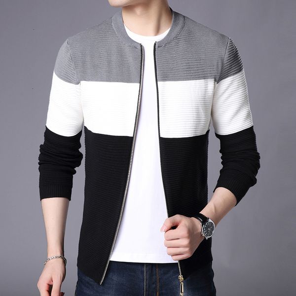 

2021 outono inverno de malha casual moda preto branco cinza remendo trabalho camisola com zper cardigan masculino jm15, White;black