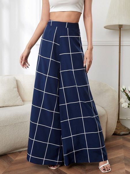 

high waist plaid print wide leg pants q1je#, Black;white