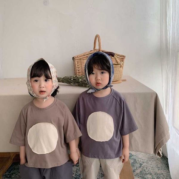 

korean style boys girls circular splicing short sleeve tees children cotton loose casual 210615, Blue