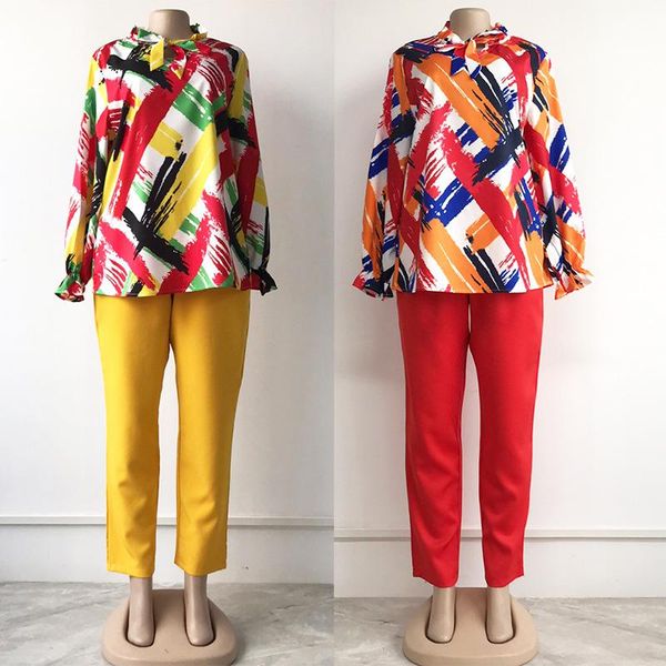 

ethnic clothing 2021 summer african women printing two pieces sets and long pant suit, Red