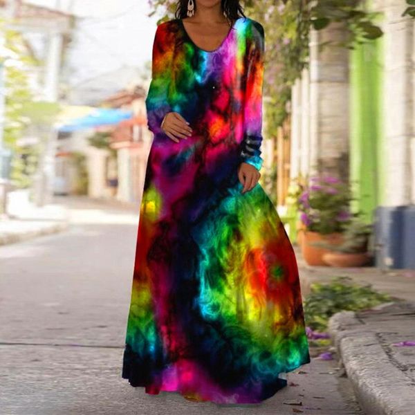 

casual dresses women's maxi dress floral tie dye printed boho long sleeve loose daily wear o-neck woman autumn robe, Black;gray