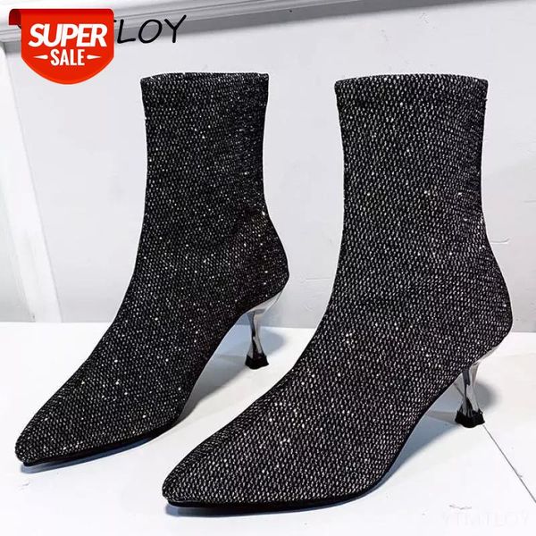 

2020 winter sock boots low high heel ankle boots luxury women desiger glitter short party shoes sequined cloth #9w8n, Black