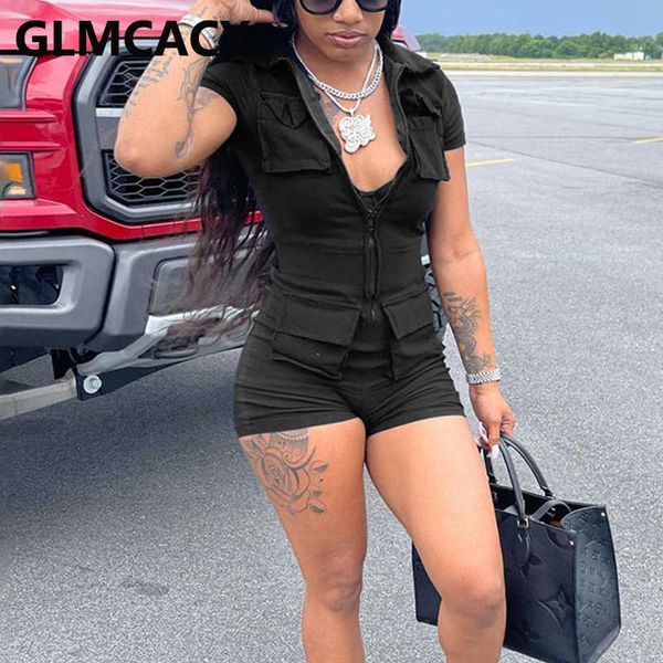 

short sleeve zipper front playsuit casual pocket rompers 210702, Black;white