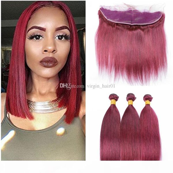 

99j human hair bundles with lace frontal brazilian virgin hair 99j burgundy straight hair weaves 3 bundles with lace frontal 13x4, Black;brown