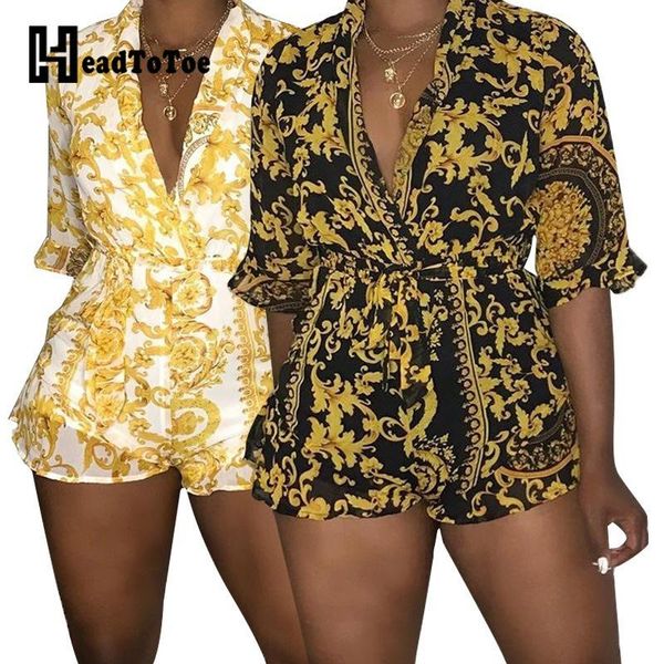 

women's jumpsuits & rompers baroque print half sleeve casual women one piece overalls streetwear, Black;white