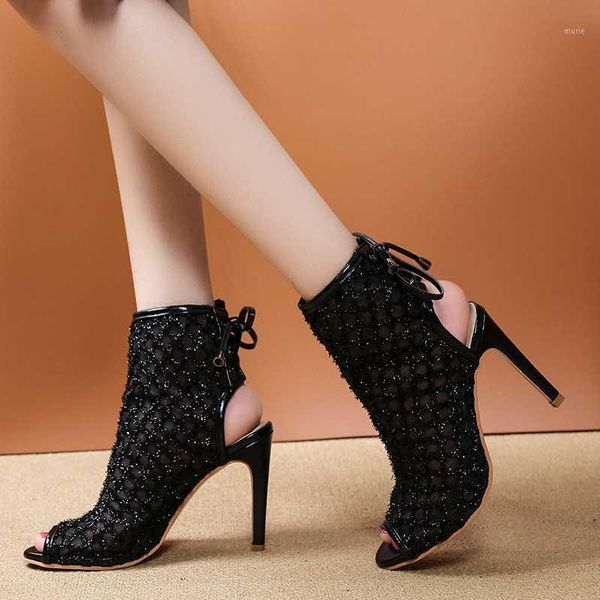 

sandals breathable mesh peep toe women lace up party shoes woman drop summer ladies cool boots stiletto high heels1, Black