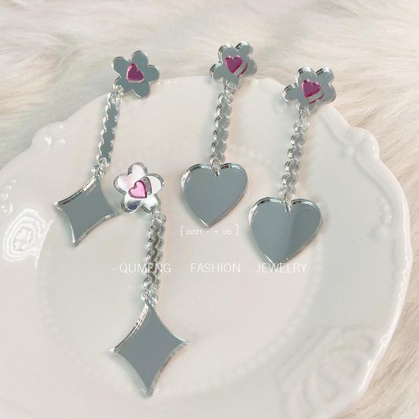 

dangle & chandelier for women y2k jewelry star peach heart cute tassel earrings acrylic mirror surface vintage harajuku statement, Silver