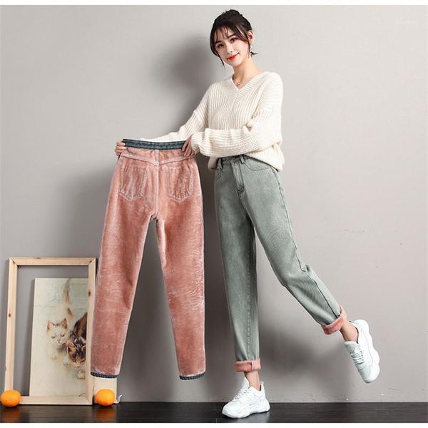 

vintage thick women jeans winter straight denim pants lady 2019 velet warm harem pants female high waist carrot trousers m2371, Blue