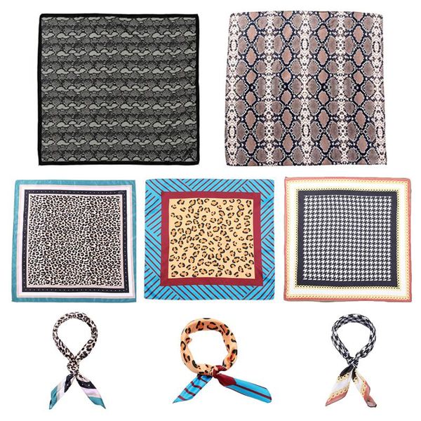 

scarves elegant women imitation silk square bandana geometric leopard snakeskin print headband retro contrast colored neck tie headwrap, Blue;gray