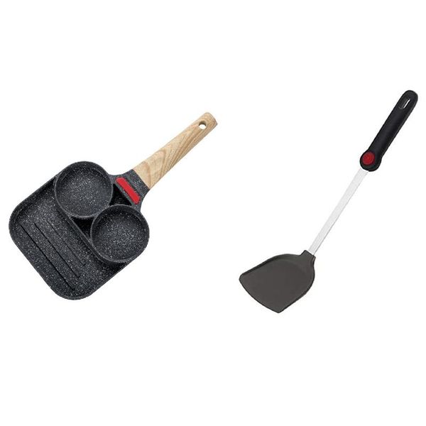 

pans 2-hole frying pot pan pancake steak cooking egg ham breakfast maker & silicone shovel non-stick spatula