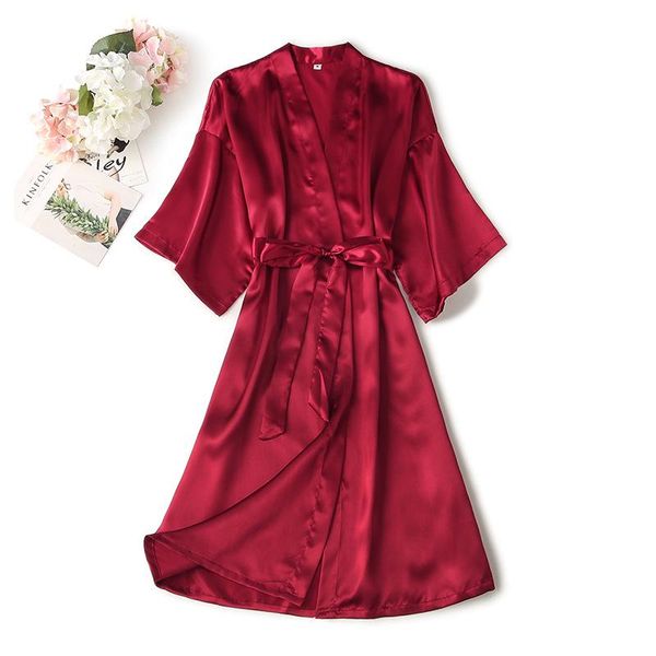 

women's sleepwear silk solid robe one piece short kimono bathrobe cardigan bridesmaid gift robes for women summer, Black;red