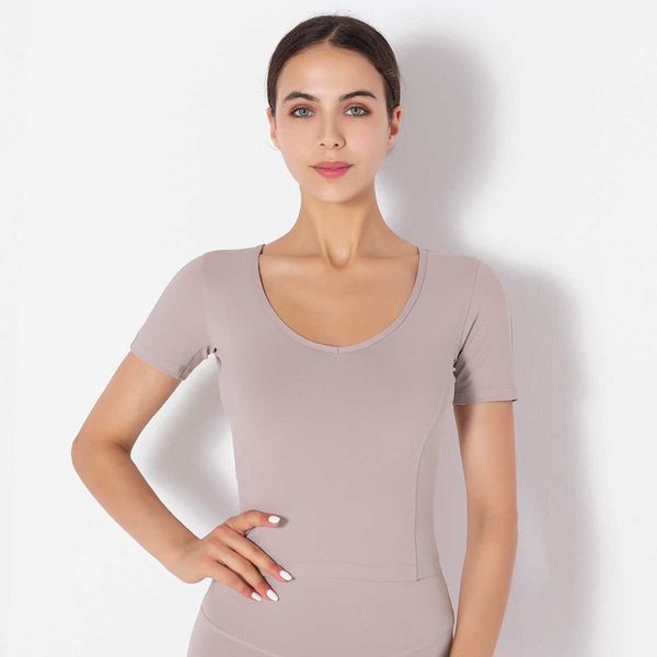 

2021lulu women's short t-shirt high elastic tracels fitns training yoga suit, Gray