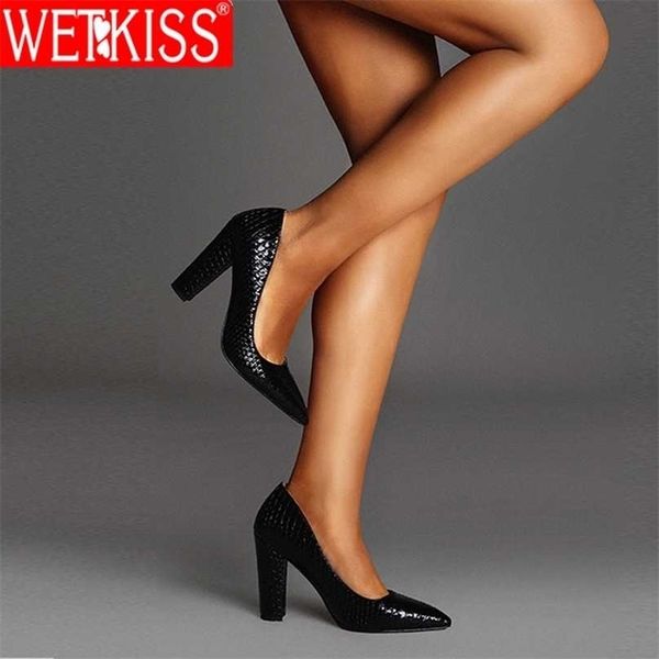 

wetkiss thick high heels block shoes woman pumps fish scale skin ladies pointed toe dress party wedding big size 211101, Black