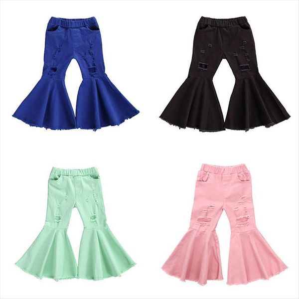 

autumn fashion toddler baby girls jeans pants 2 7y solid hole long elastic high waist flare 4 colors, Blue