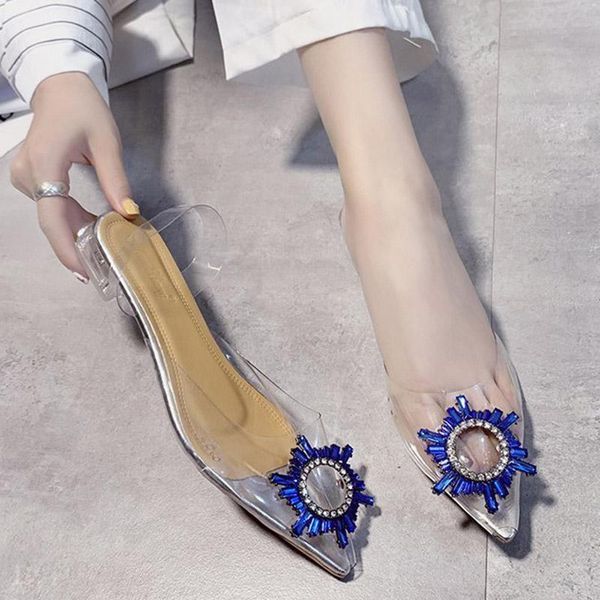 

slippers plus size 42 woman sandals slip on flat shoes rhinestone transparent pointed toe clear pvc sandal zapatos mujer 8154n, Black