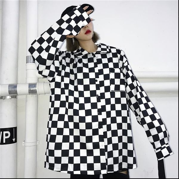 

women men loose oversized korean streetwear vintage pocket checkerboard plaid blouse harajuku long sleeve shirt hiphop rap, White