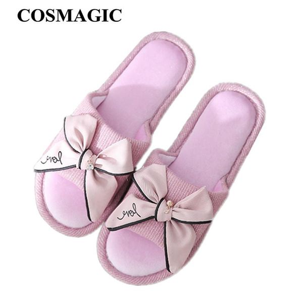 

slippers cosmagic 2021 women bow-knot indoor slipper lightweight soft sole house bedroom floor el sweet outside open toe, Black